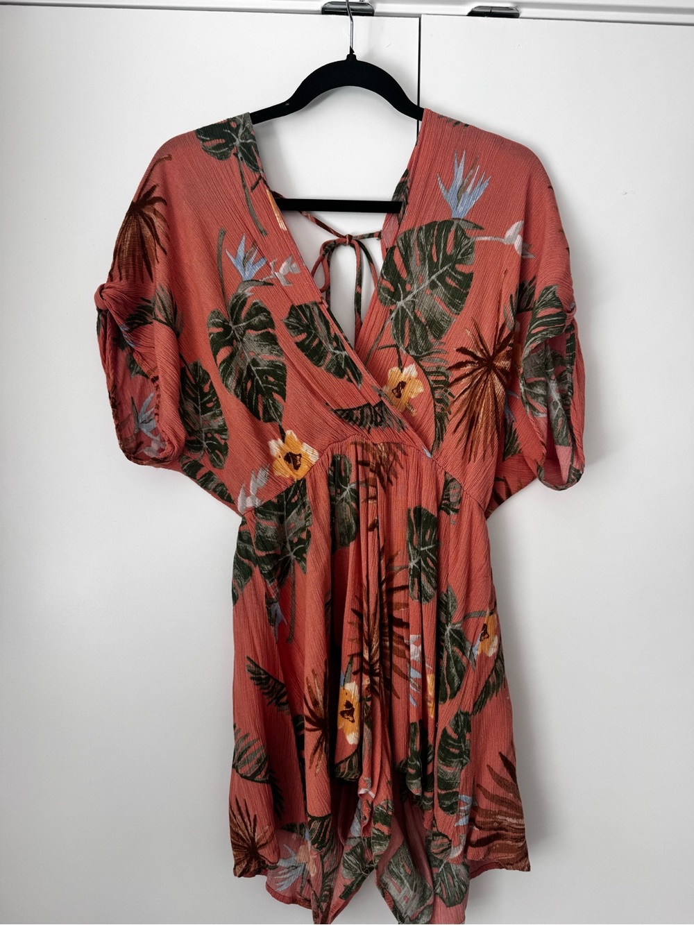 mahina Coral Tropical-Print Tie-Back Romper
